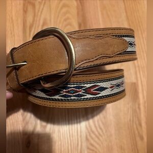 Leather Tan Brown Men’s Belt Southwest Aztec Patterned Webbing Inlay 40